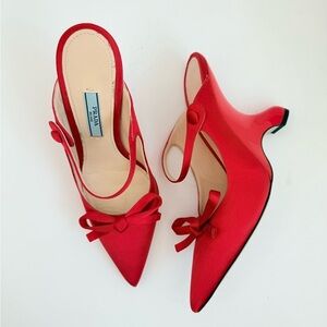 Prada Red Satin Patent Sculpted Bow Wedge heel Mary Jane pumps EU 37